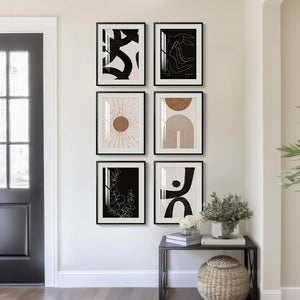 Framed Boho Black and White Brown Modern Abstract Wall Art for Living Room Set of 6