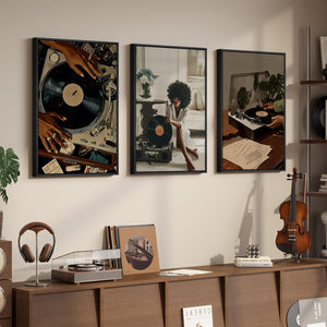 Framed African American Black Woman Record Music Modern Wall Art for Hallway Set of 3