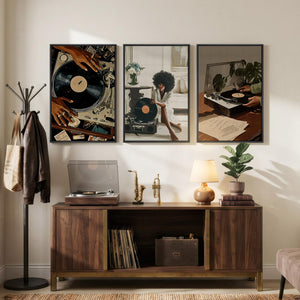 Framed African American Black Woman Record Music Modern Wall Art for Hallway Set of 3