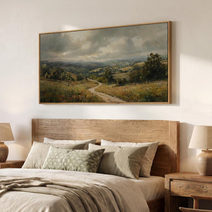 Extra Large Framed Retro Neutral Vintage Rustic Farmhouse Landscape Wall Art for Living Room