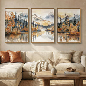 Large Framed Neutral Mountain Forest Landscape Autumn Scenic Wall Art for Living Room Set of 3