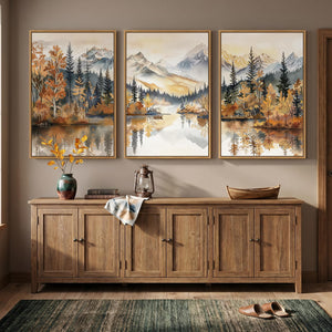 Large Framed Neutral Mountain Forest Landscape Autumn Scenic Wall Art for Living Room Set of 3