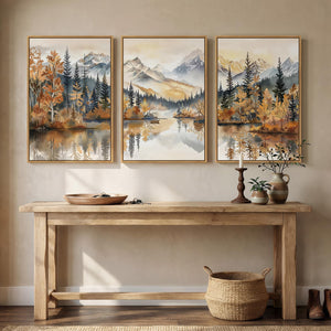 Large Framed Neutral Mountain Forest Landscape Autumn Scenic Wall Art for Living Room Set of 3