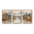 Large Framed Neutral Mountain Forest Landscape Autumn Scenic Wall Art for Living Room Set of 3