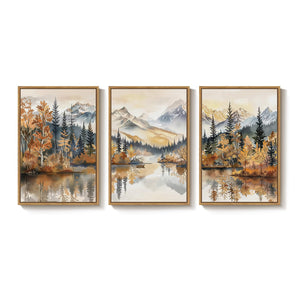 Large Framed Neutral Mountain Forest Landscape Autumn Scenic Wall Art for Living Room Set of 3