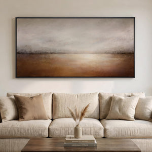 Large Framed Brown Neutral Modern Abstract Landscape Horizontal Wall Art for Living Room