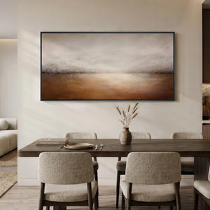 Large Framed Brown Neutral Modern Abstract Landscape Horizontal Wall Art for Living Room