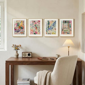 Framed 4 Piece Matisse Colorful Abstract Retro Landscape Canvas Wall Art for Bathroom