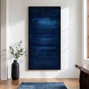 Large Framed Navy Blue Contemporary  Minimalist Abstract Vertical Wall Art for Hallway