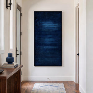 Large Framed Navy Blue Contemporary  Minimalist Abstract Vertical Wall Art for Hallway