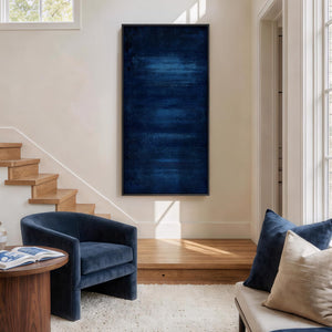 Large Framed Navy Blue Contemporary  Minimalist Abstract Vertical Wall Art for Hallway