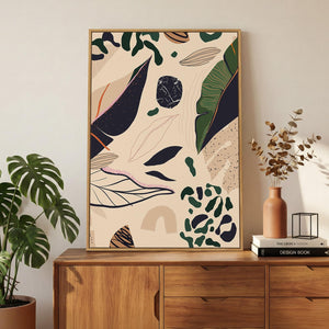 Framed Boho Mid Century Modern Neutral Abstract Tropical Botanical Vertical Wall Art for Living Room