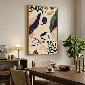 Framed Boho Mid Century Modern Neutral Abstract Tropical Botanical Vertical Wall Art for Living Room