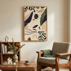 Framed Boho Mid Century Modern Neutral Abstract Tropical Botanical Vertical Wall Art for Living Room