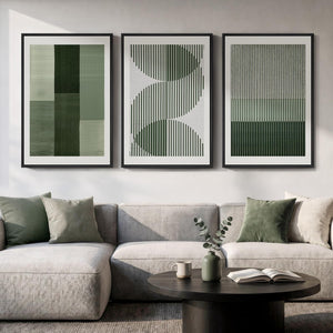 Large Framed Sage Green Modern Minimalist Geometric Abstract Wall Art for Living Room Set of 3