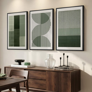Large Framed Sage Green Modern Minimalist Geometric Abstract Wall Art for Living Room Set of 3