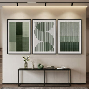 Large Framed Sage Green Modern Minimalist Geometric Abstract Wall Art for Living Room Set of 3