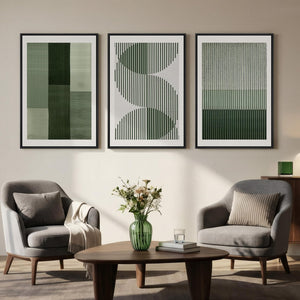 Large Framed Sage Green Modern Minimalist Geometric Abstract Wall Art for Living Room Set of 3