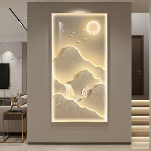Large Framed LED Modern Luxury Mountain Landscape Vertical Wall Art for Living Room