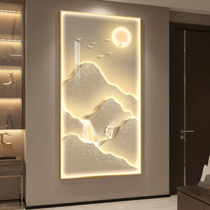 Large Framed LED Modern Luxury Mountain Landscape Vertical Wall Art for Living Room
