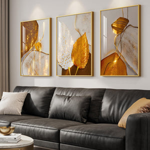 Large Framed Modern Luxury White and Gold Leaf Abstract Wall Art for Living Room Set of 3