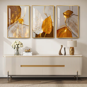Large Framed Modern Luxury White and Gold Leaf Abstract Wall Art for Living Room Set of 3