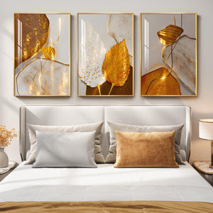 Large Framed Modern Luxury White and Gold Leaf Abstract Wall Art for Living Room Set of 3