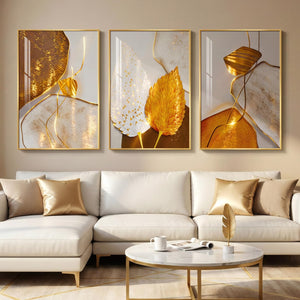 Large Framed Modern Luxury White and Gold Leaf Abstract Wall Art for Living Room Set of 3