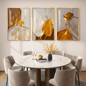 Large Framed Modern Luxury White and Gold Leaf Abstract Wall Art for Living Room Set of 3