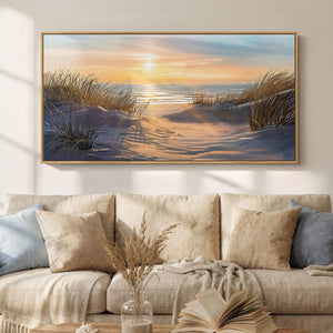 Extra Large Framed Coastal Beach Neutral Golden Sunset Canvas Wall Art for Living Room