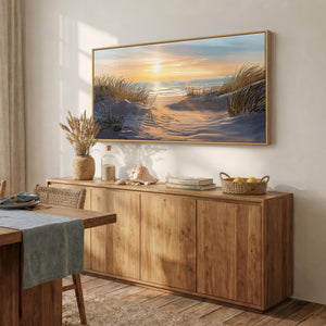 Extra Large Framed Coastal Beach Neutral Golden Sunset Canvas Wall Art for Living Room