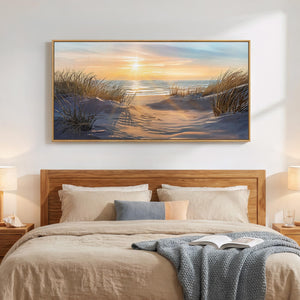 Extra Large Framed Coastal Beach Neutral Golden Sunset Canvas Wall Art for Living Room