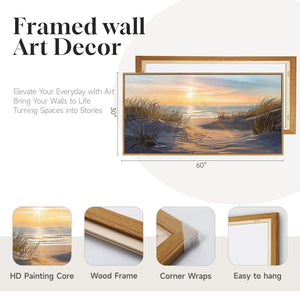 Extra Large Framed Coastal Beach Neutral Golden Sunset Canvas Wall Art for Living Room
