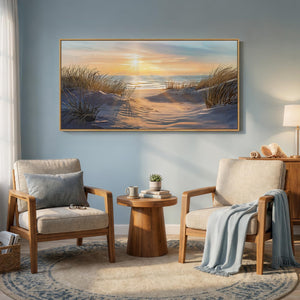 Extra Large Framed Coastal Beach Neutral Golden Sunset Canvas Wall Art for Living Room