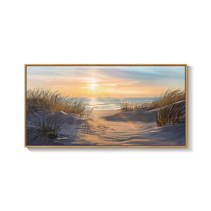 Extra Large Framed Coastal Beach Neutral Golden Sunset Canvas Wall Art for Living Room