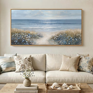 Extra Large Framed Blue Coastal Beach Floral Landscape Wall Art for Living Room