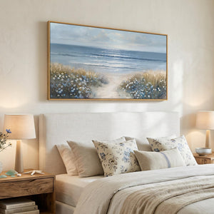 Extra Large Framed Blue Coastal Beach Floral Landscape Wall Art for Living Room