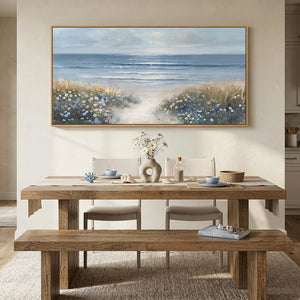 Extra Large Framed Blue Coastal Beach Floral Landscape Wall Art for Living Room