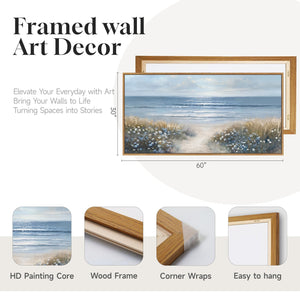 Extra Large Framed Blue Coastal Beach Floral Landscape Wall Art for Living Room