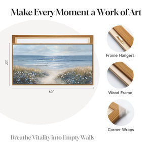 Extra Large Framed Blue Coastal Beach Floral Landscape Wall Art for Living Room