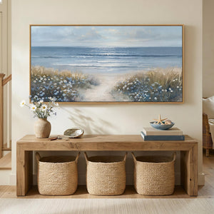 Extra Large Framed Blue Coastal Beach Floral Landscape Wall Art for Living Room