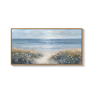 Extra Large Framed Blue Coastal Beach Floral Landscape Wall Art for Living Room