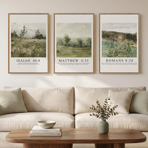 Framed Christian Bible Verse Neutral Vintage Landscape Canvas Wall Art for Living Room Set of 3