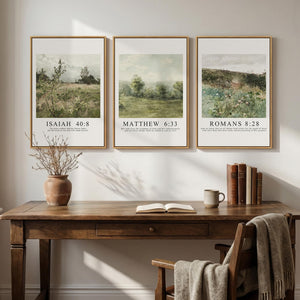 Framed Christian Bible Verse Neutral Vintage Landscape Canvas Wall Art for Living Room Set of 3