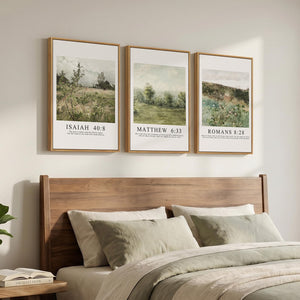 Framed Christian Bible Verse Neutral Vintage Landscape Canvas Wall Art for Living Room Set of 3