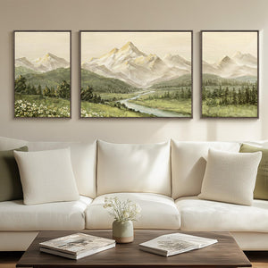 Extra Large Framed Green Nature Mountain Forest Landscape Wall Art for Living Room Set of 3
