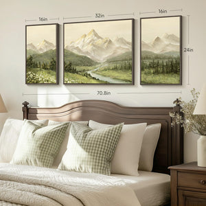 Extra Large Framed Green Nature Mountain Forest Landscape Wall Art for Living Room Set of 3