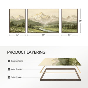 Extra Large Framed Green Nature Mountain Forest Landscape Wall Art for Living Room Set of 3