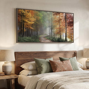 Large Framed Autumn Misty Forest Fall Landscape Wall Art for Living Room
