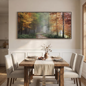 Large Framed Autumn Misty Forest Fall Landscape Wall Art for Living Room